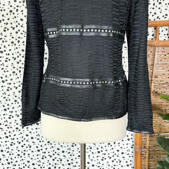 NEW Ming Wang | Black Knit Faux Leather Trim Stud Long Sleeve Cardigan Jacket XS - Picture 8 of 11